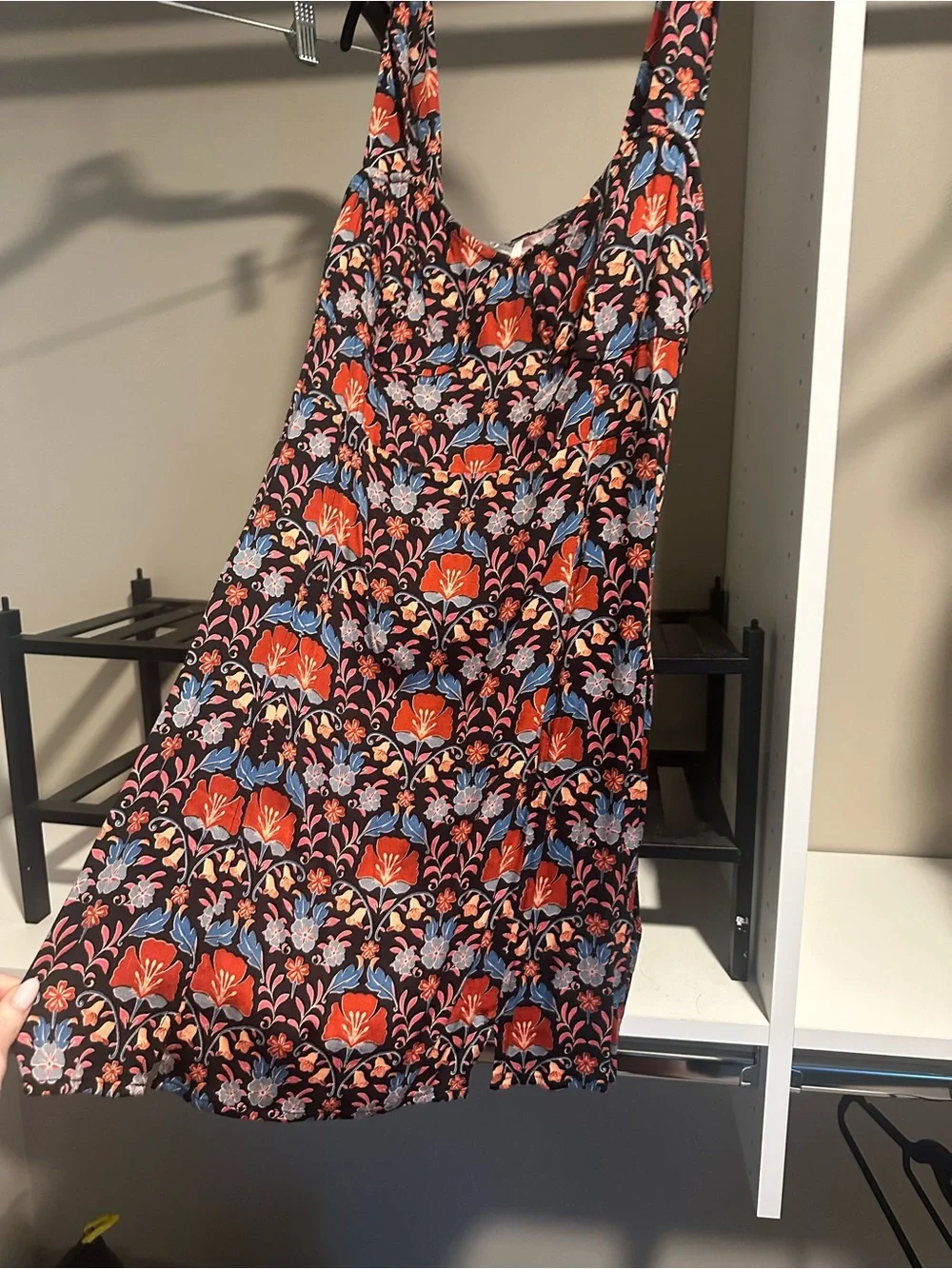 Free People Black Floral Mini Dress with Red and Blue Flowers